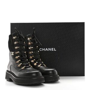 Chanel Calfskin Knit Lace Up Black Combat Boots